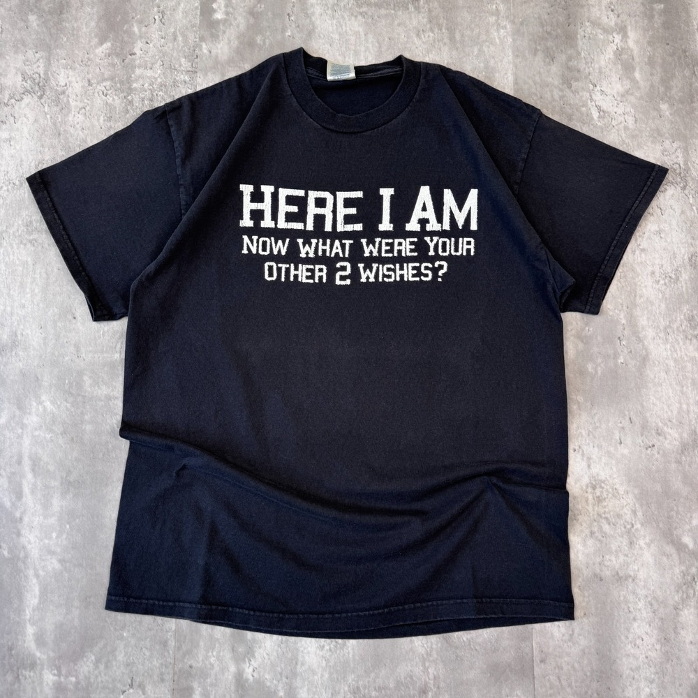 Vintage Here I Am 2 Wishes T-Shirt Mens L Black Funny Novelty Graphic 90s